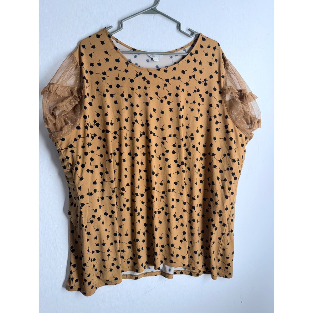 Cato Plus Size 22/24W Mustard Tan Floral Ruffle Mesh Swiss Dot Sleeve Knit Top